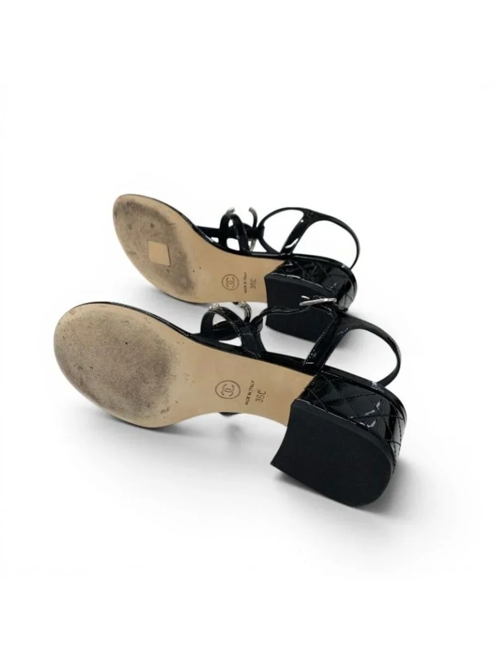 Chanel Sandals Shoes Patent Black Silver CC Logo Camellia Strap Thong